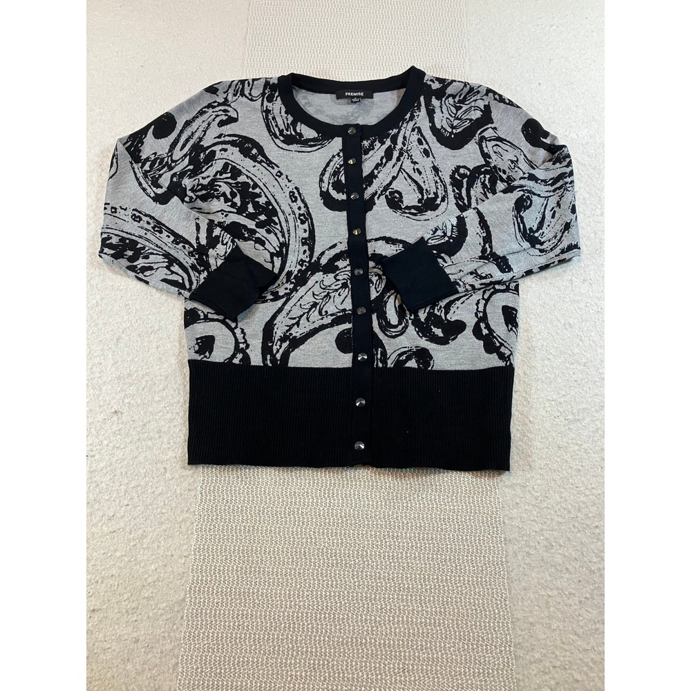 Premise NWT Womens Grey Black Paisley Snap Front Lightweight Cardigan Sweater M - Picture 1 of 7